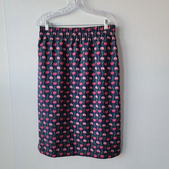 J. Crew  BA844 Womens size M Navy Blue Plink Flower Print Midi Skirt Pull-On - Picture 2 of 10